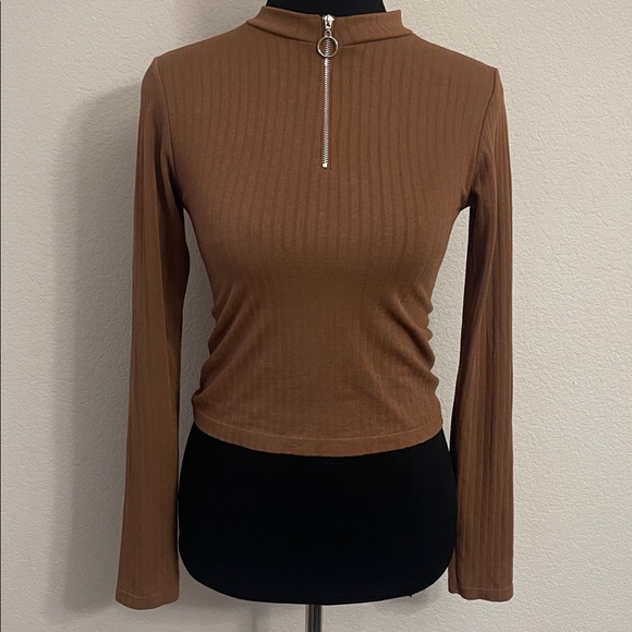 Womens Mock Neck Ribbed Crop Top Long Sleeve Quarter Zip Pullover Shirt - Picture 3 of 4